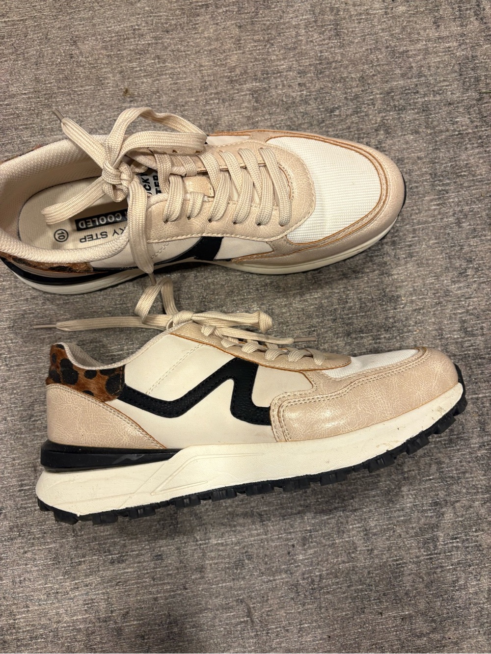 Neutral Beige & Black Women’s Sneakers with Leopard Accent